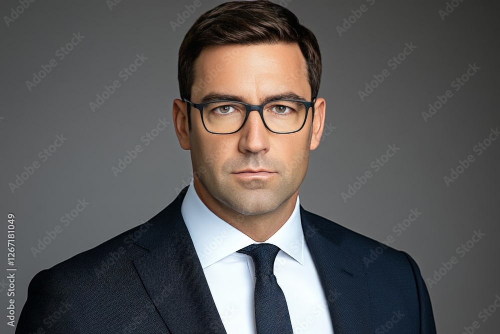 Confident businessman in formal suit wearing glasses serious expression leadership concept professional executive portrait in corporate setting Confident businessman in formal suit wearing glasses serious expression leadership concept professional executive portrait in corporate setting