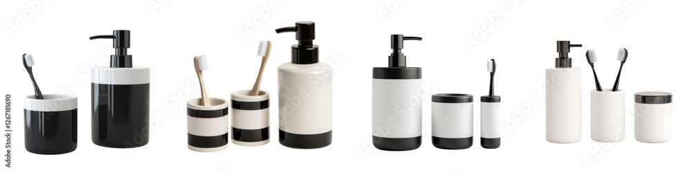 Obraz premium Elegant Arrangement of Stylish Bathroom Vanity Accessories and Toiletries on a Clean White Background Includes Soap Dispenser Toothbrush Holder Cotton Swab Jar and Other Personal Care Items