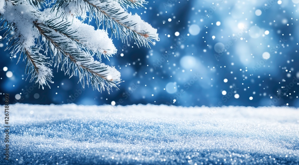 Winter Wonderland: Snow-covered pine branch, gently falling snowflakes, bokeh effect, winter scene, holiday season, Christmas, New Year's Winter Wonderland: Snow-covered pine branch, gently falling snowflakes, bokeh effect, winter scene, holiday season, Christmas, New Year's
