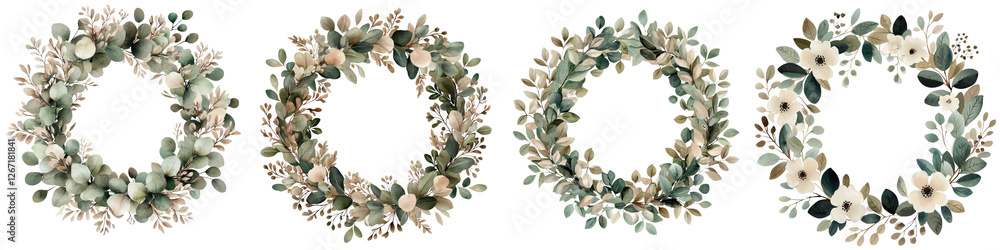 Fototapeta premium Elegant minimalist floral frame or wreath made with eucalyptus leaves greenery and delicate white flowers Perfect for wedding invitation greeting card or seasonal home decor background