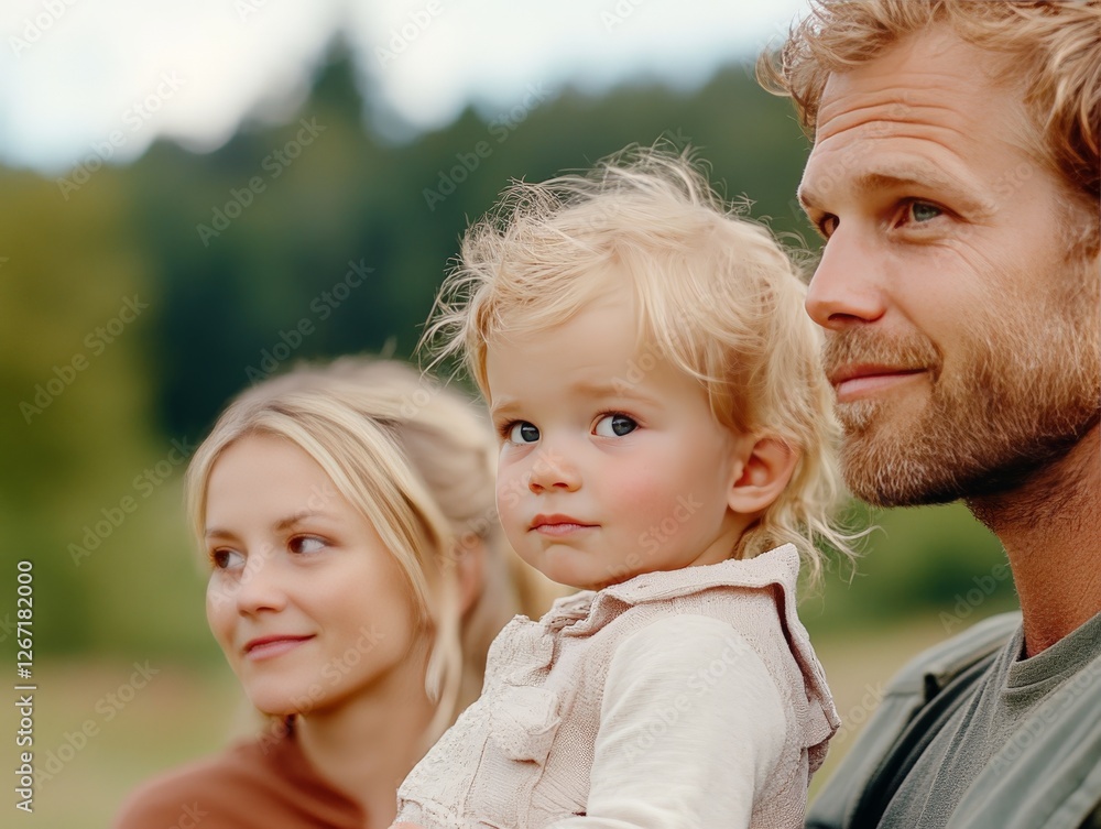 Fototapeta premium Father holding young daughter with loving expression in rural outdoor setting warm family bond and natural parenting moment under soft golden light