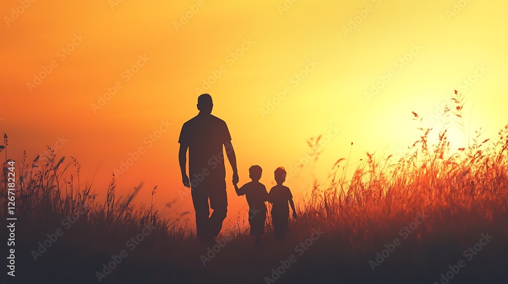 Fototapeta premium Silhouette of a Father and Son Walking Hand-in-Hand at Sunset