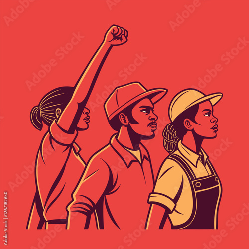 A heroic representation of laborers standing together for justice on a red solid background flat vector illustration
