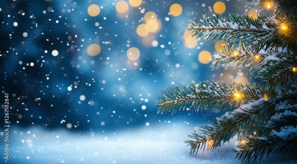 Winter Wonderland: A frosted pine branch adorned with twinkling lights against a backdrop of falling snow creates a magical scene of winter wonder. The soft. Winter Wonderland: A frosted pine branch adorned with twinkling lights against a backdrop of falling snow creates a magical scene of winter wonder. The soft.