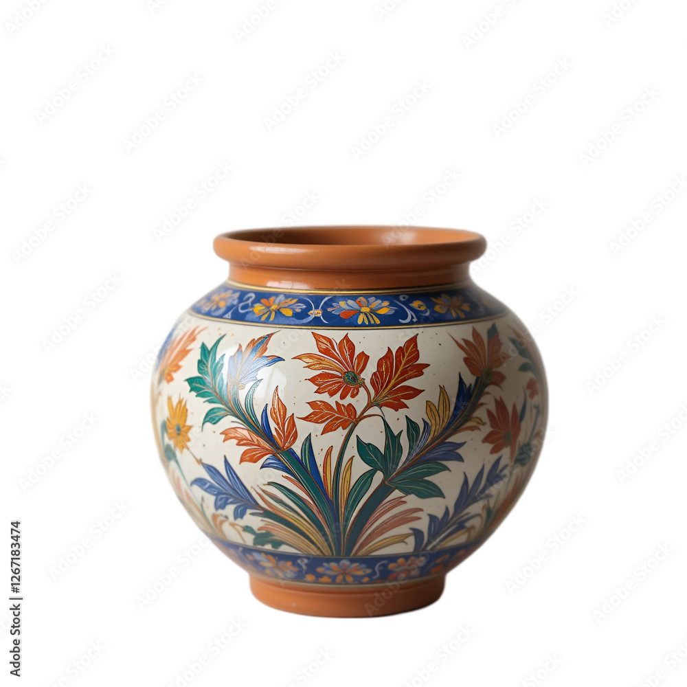 Traditional Clay Pot with Flying Colors on a white background. Traditional Clay Pot with Flying Colors on a white background.