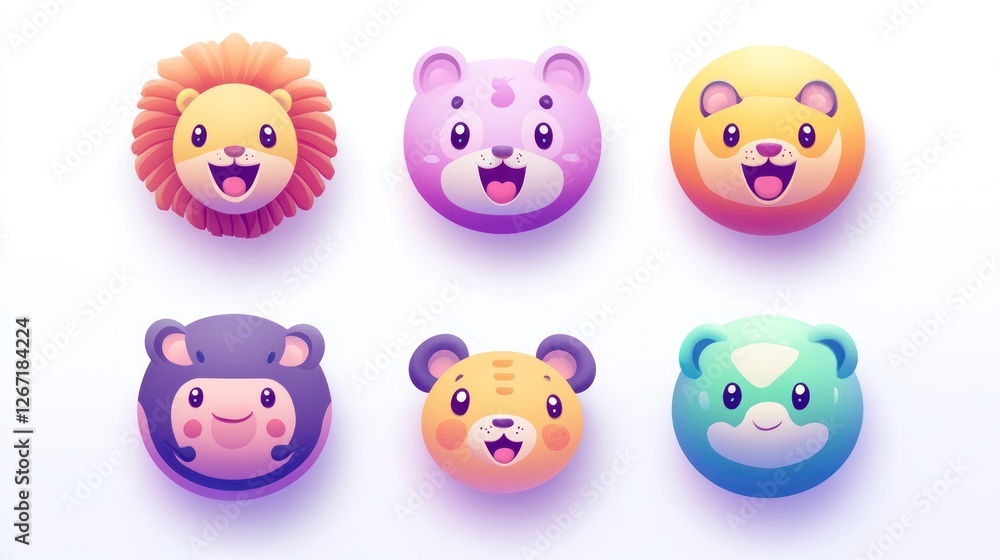 Fototapeta premium Cute animal faces in a bright background, perfect for children's illustrations or website graphics