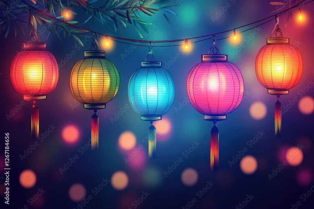 Colorful Lanterns with Soft Bokeh Background at Night Celebration Colorful Lanterns with Soft Bokeh Background at Night Celebration