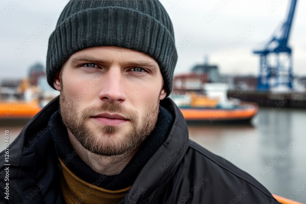 Rugged man with a black beanie and winter coat staring seriously into the camera standing at an industrial dockyard emphasizing strength resilience and a tough working class aesthetic Rugged man with a black beanie and winter coat staring seriously into the camera standing at an industrial dockyard emphasizing strength resilience and a tough working class aesthetic