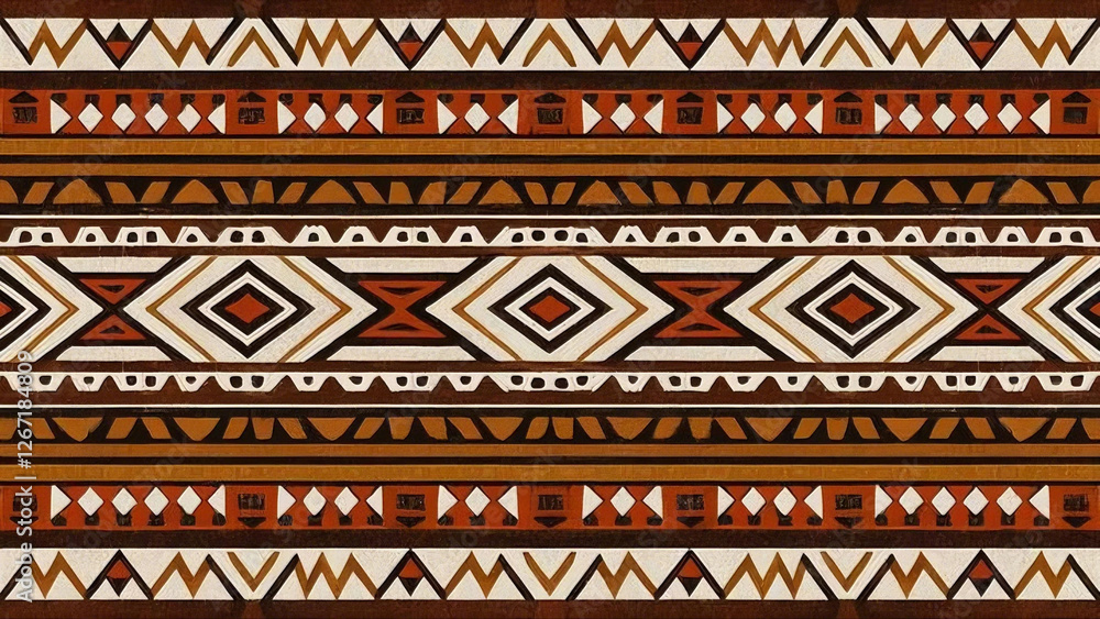 Seamless tribal geometric pattern with earthy tones, featuring symmetrical lines and ethnic motifs. Ideal for textiles, backgrounds, and decor. Seamless tribal geometric pattern with earthy tones, featuring symmetrical lines and ethnic motifs. Ideal for textiles, backgrounds, and decor.