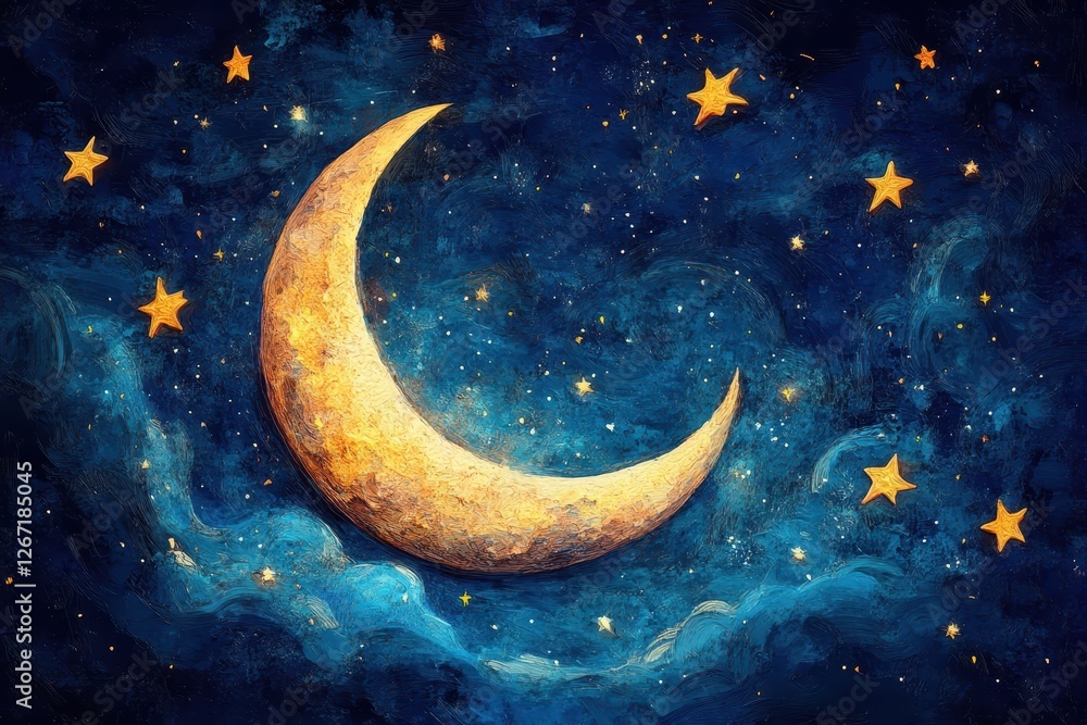 Naklejka premium Crescent moon and twinkling stars in a serene night sky scene