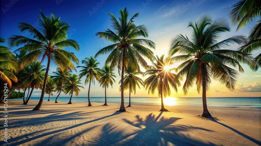 Minimalist Tropical Beach Scene: Palm Trees, White Sand, Sunlight Shadows Minimalist Tropical Beach Scene: Palm Trees, White Sand, Sunlight Shadows