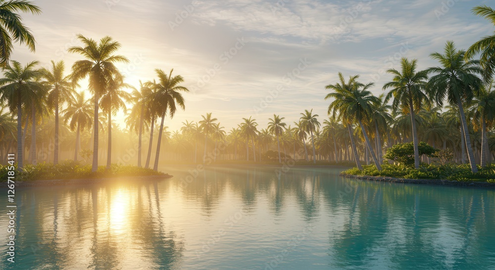 Obraz premium Tropical Paradise Palm Trees Reflecting in Calm Water at Sunset