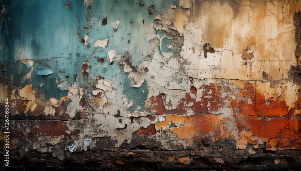 Fototapeta premium A grungy urban wall texture with soot marks, peeling paint, and layered dirt patterns.