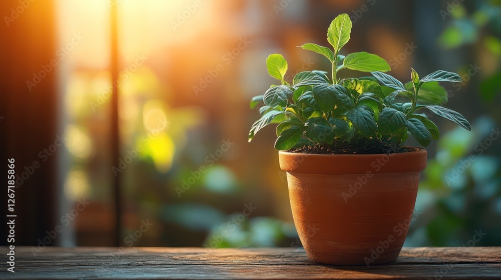 Sunlit Mint Plant in Terracotta Pot Sunlit Mint Plant in Terracotta Pot