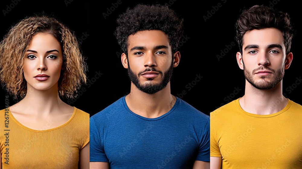 Fototapeta premium Group of three young people in black and yellow outfits against dark gradient background serious expressions stylish minimalism urban fashion concept edgy attitude