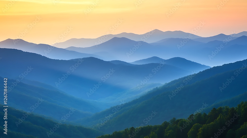 Fototapeta premium Serene Blue Mountains Sunset Landscape Panorama