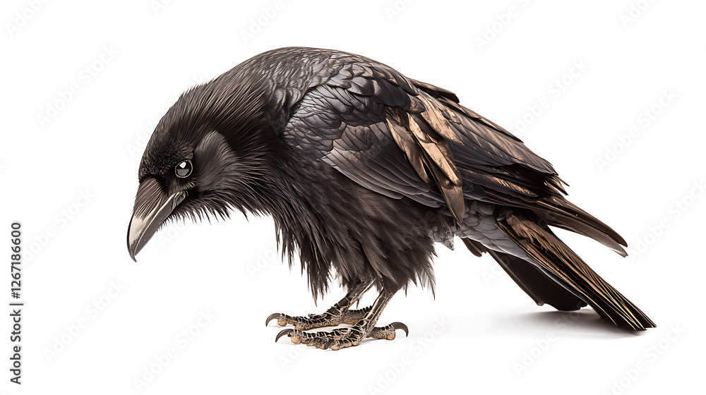 Fototapeta premium A watchful raven, feathers detailed in shades of black and gold, perches against a clean white backdrop.