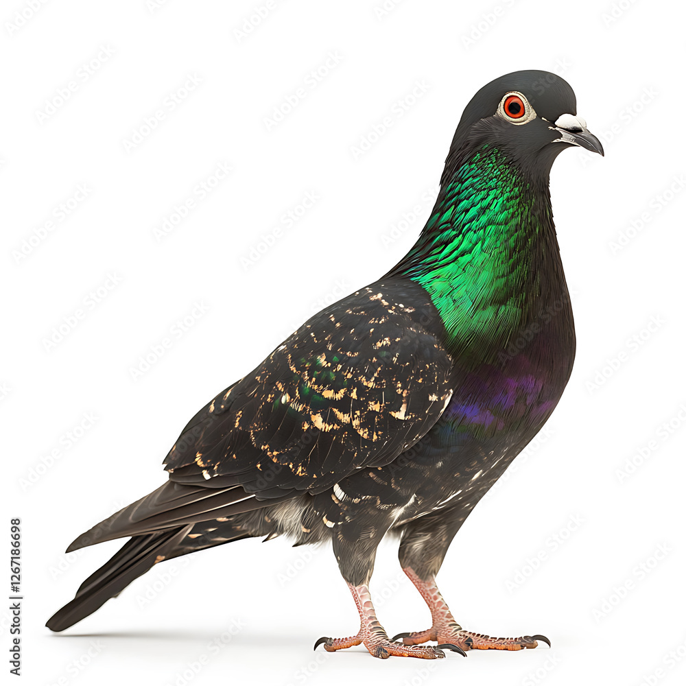 Naklejka premium Pigeon standing, displaying iridescent green and purple neck feathers against a stark white background.