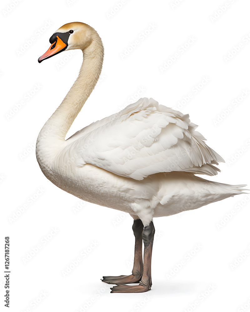 Fototapeta premium Elegant white swan with long, curved neck stands gracefully against a stark white background.