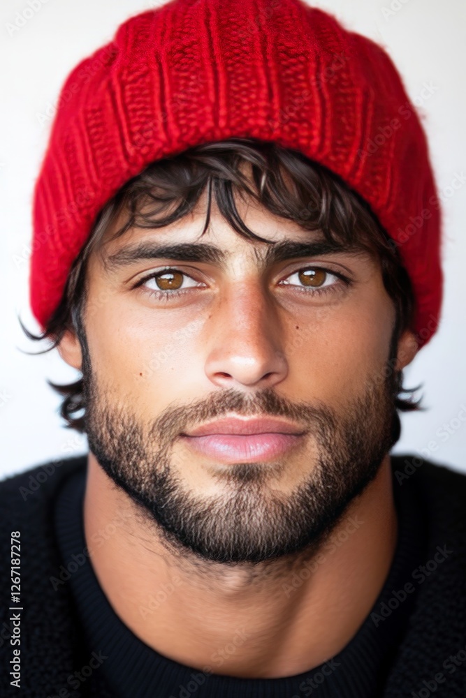 Rugged young man with dark curly hair and intense gaze wearing red knitted beanie against plain white backdrop embodying confidence individuality and modern street fashion aesthetics Rugged young man with dark curly hair and intense gaze wearing red knitted beanie against plain white backdrop embodying confidence individuality and modern street fashion aesthetics