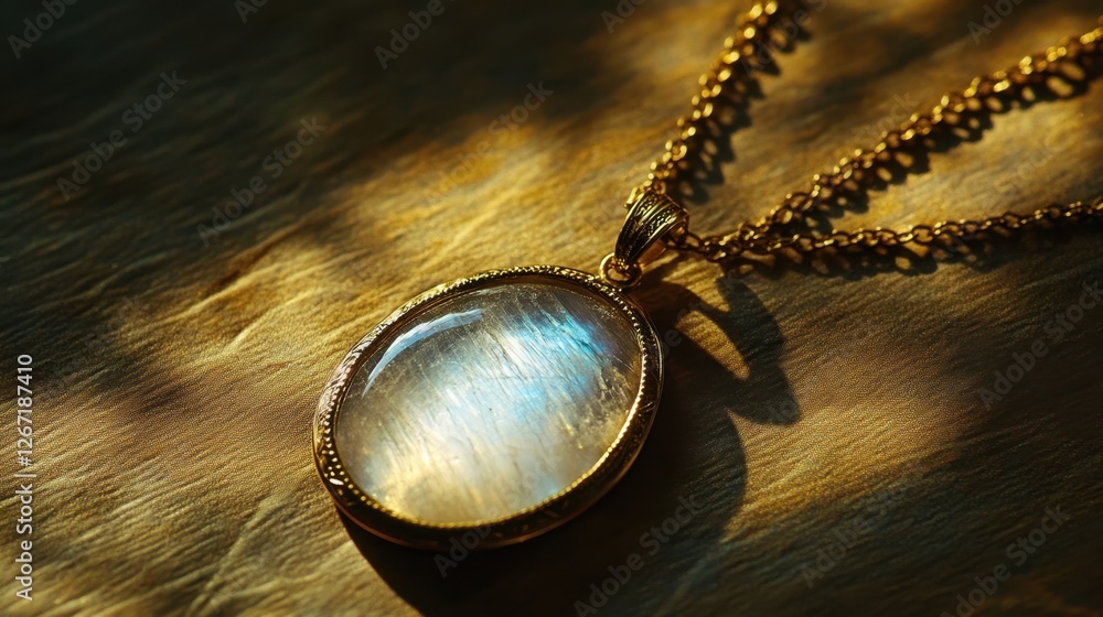 Fototapeta premium A gold necklace with a pendant featuring an iridescent moonstone, glowing in natural light
