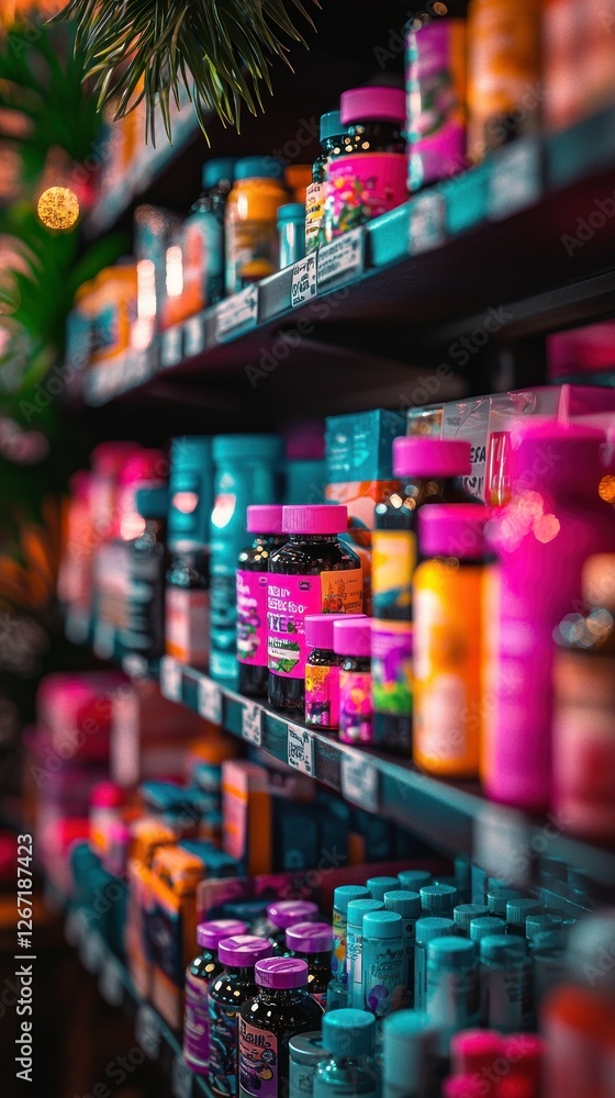 Naklejka premium Colorful vitamin supplements on store shelves