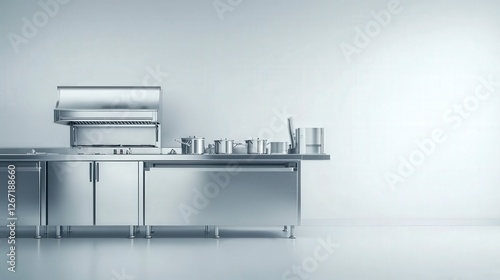 This image showcases a modern kitchen setup featuring stainless steel furniture, a gas stove, and various pots arranged neatly, emphasizing a sleek and professional design.