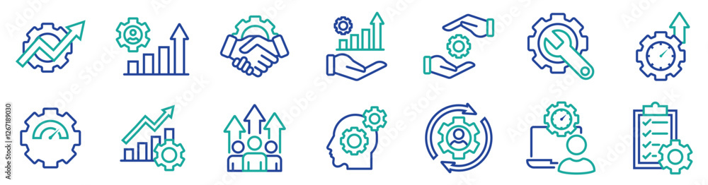 Set of settings and setup icon vector. Containing optimization, improvement, increasing cooperation in business, time management, work speed, maintenance, growth up, list job, development, progress Set of settings and setup icon vector. Containing optimization, improvement, increasing cooperation in business, time management, work speed, maintenance, growth up, list job, development, progress