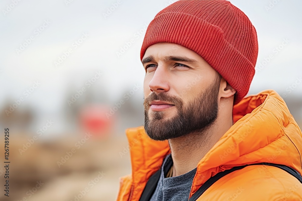 Bearded man in red beanie and orange winter jacket standing outdoors with confident expression against blurred background in moody lighting Bearded man in red beanie and orange winter jacket standing outdoors with confident expression against blurred background in moody lighting