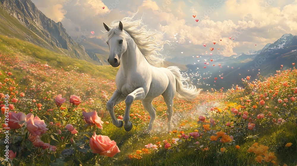 A unicorn prancing through a field of roses, leaving behind a trail of shimmering hearts. A unicorn prancing through a field of roses, leaving behind a trail of shimmering hearts.