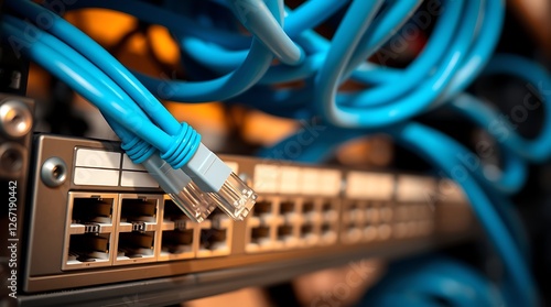 Ethernet Wires Connected to Stack of Router Switches – Internet Connectivity and Computer Network Technology, ethernet cables, router switch, internet connectivity, computer network, LAN, WAN

