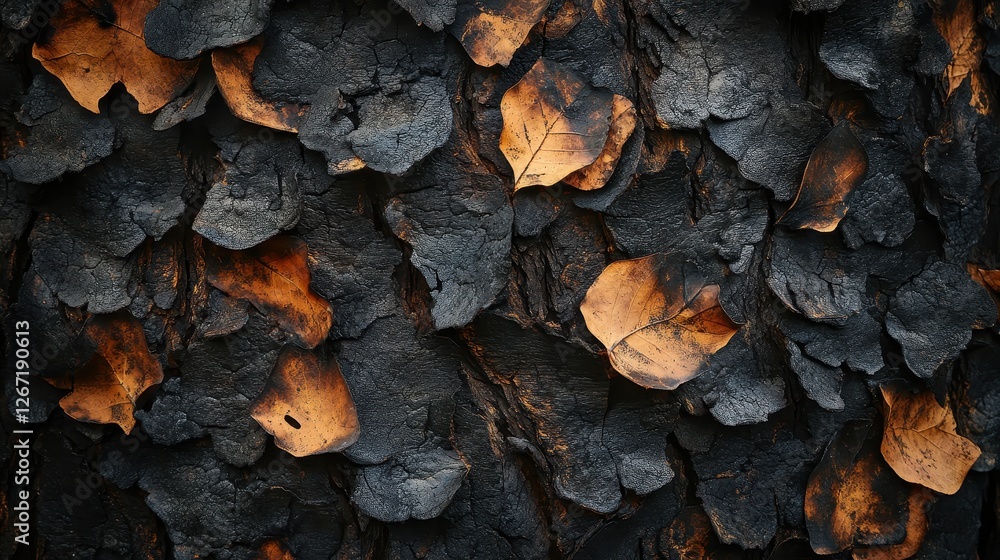 Intense Close-Up of a Damaged Tree with Peeling Bark and Charred Leaves After a Fire Intense Close-Up of a Damaged Tree with Peeling Bark and Charred Leaves After a Fire