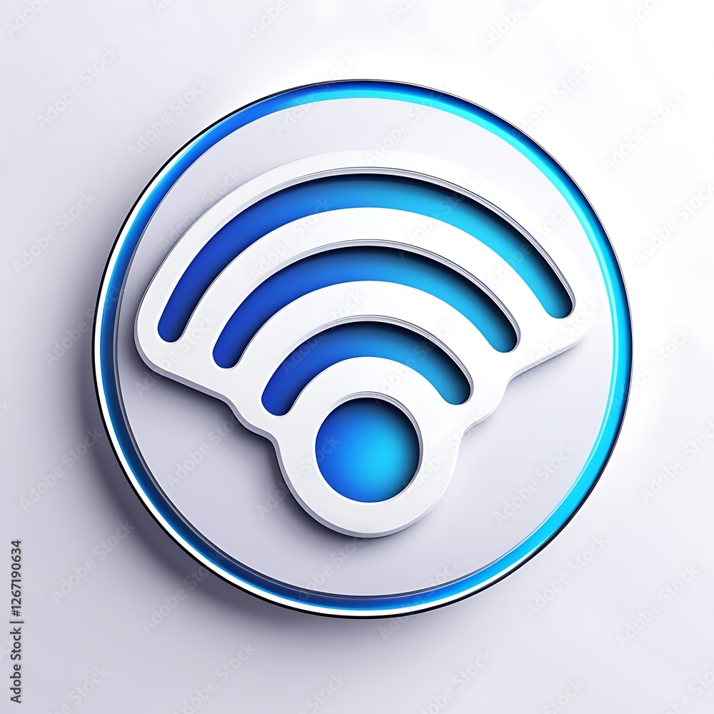 Close-up of a wireless connection signal strength icon and WIFI icon round blue push button Close-up of a wireless connection signal strength icon and WIFI icon round blue push button