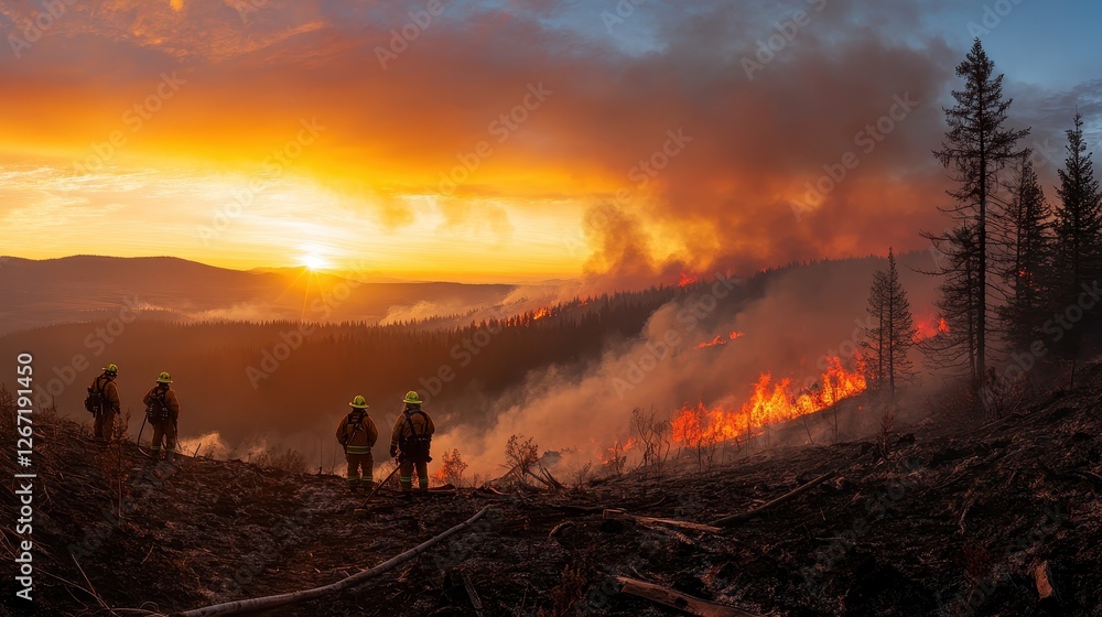 Fototapeta premium Dramatic Panoramic View of Wildfire Engulfing Hillside at Sunset with Firefighters Battling the Flames
