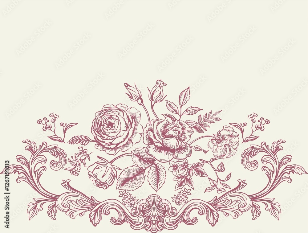 Modern interpretation of the Toile de Jouy style in digital illustration. Card, background, poster of botanical motifs in pastel colors. Line illustration with background.