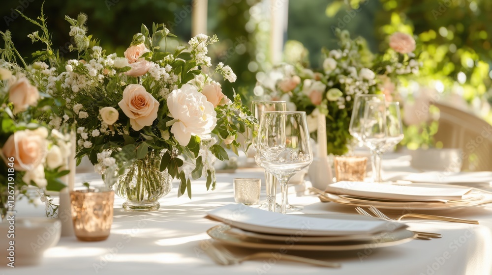 Luxury fine dining table with detailed plates, silver utensils, and candlelit ambiance for a formal event. Luxury fine dining table with detailed plates, silver utensils, and candlelit ambiance for a formal event.