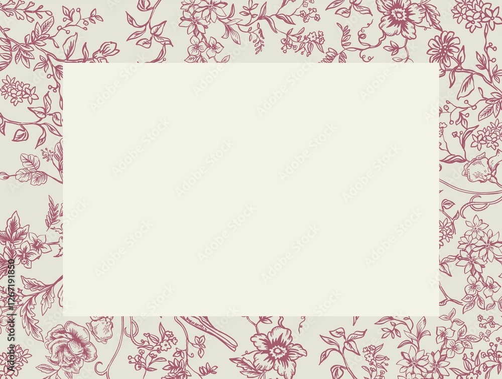 Modern interpretation of the Toile de Jouy style in digital illustration. Card, background, poster of botanical motifs in pastel colors. Line illustration with background. Modern interpretation of the Toile de Jouy style in digital illustration. Card, background, poster of botanical motifs in pastel colors. Line illustration with background.