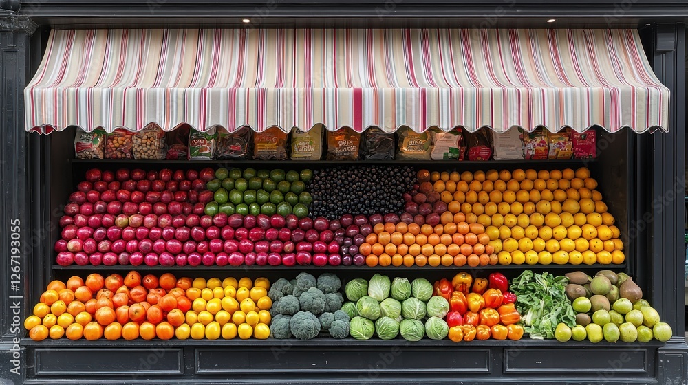 custom made wallpaper toronto digitalColorful fruit and vegetable display in a market stall with striped awning.