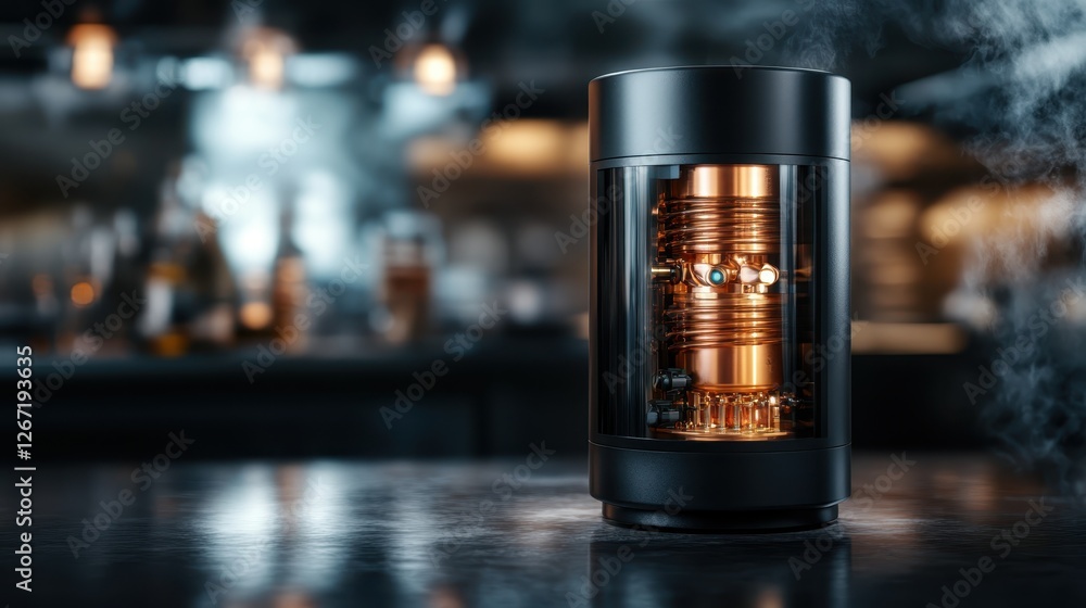 An industrial device captured with glowing elements and rising steam, suggesting high-tech functionality and offering a sense of awe and fascination about technology's capabilities. An industrial device captured with glowing elements and rising steam, suggesting high-tech functionality and offering a sense of awe and fascination about technology's capabilities.