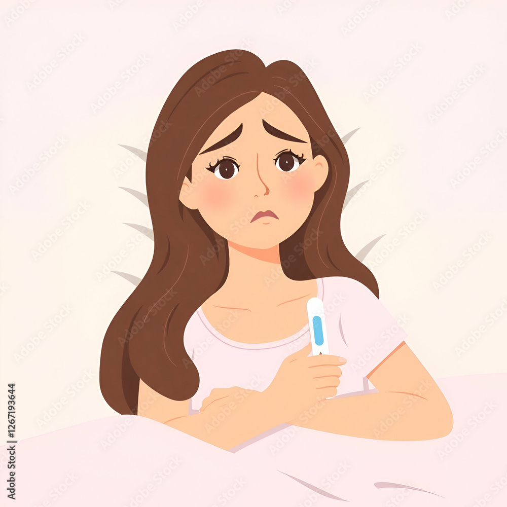 sick woman cartoon illustration with a thermometer, fever sick woman cartoon illustration with a thermometer, fever