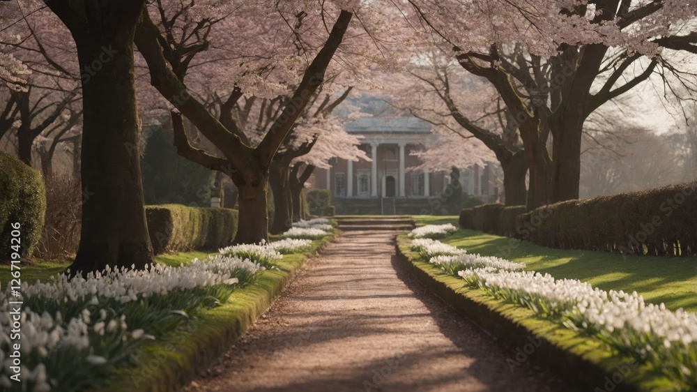 A serene pathway lined with cherry blossoms leads to a classical building. A serene pathway lined with cherry blossoms leads to a classical building.