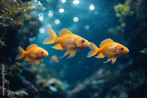A captivating underwater scene featuring vibrant orange goldfish swimming
