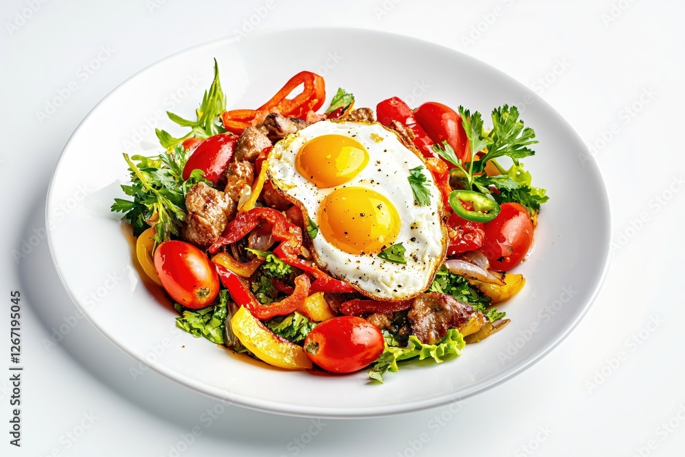 Delicious fried eggs with fresh vegetables and meat on a white plate perfect meal Delicious fried eggs with fresh vegetables and meat on a white plate perfect meal