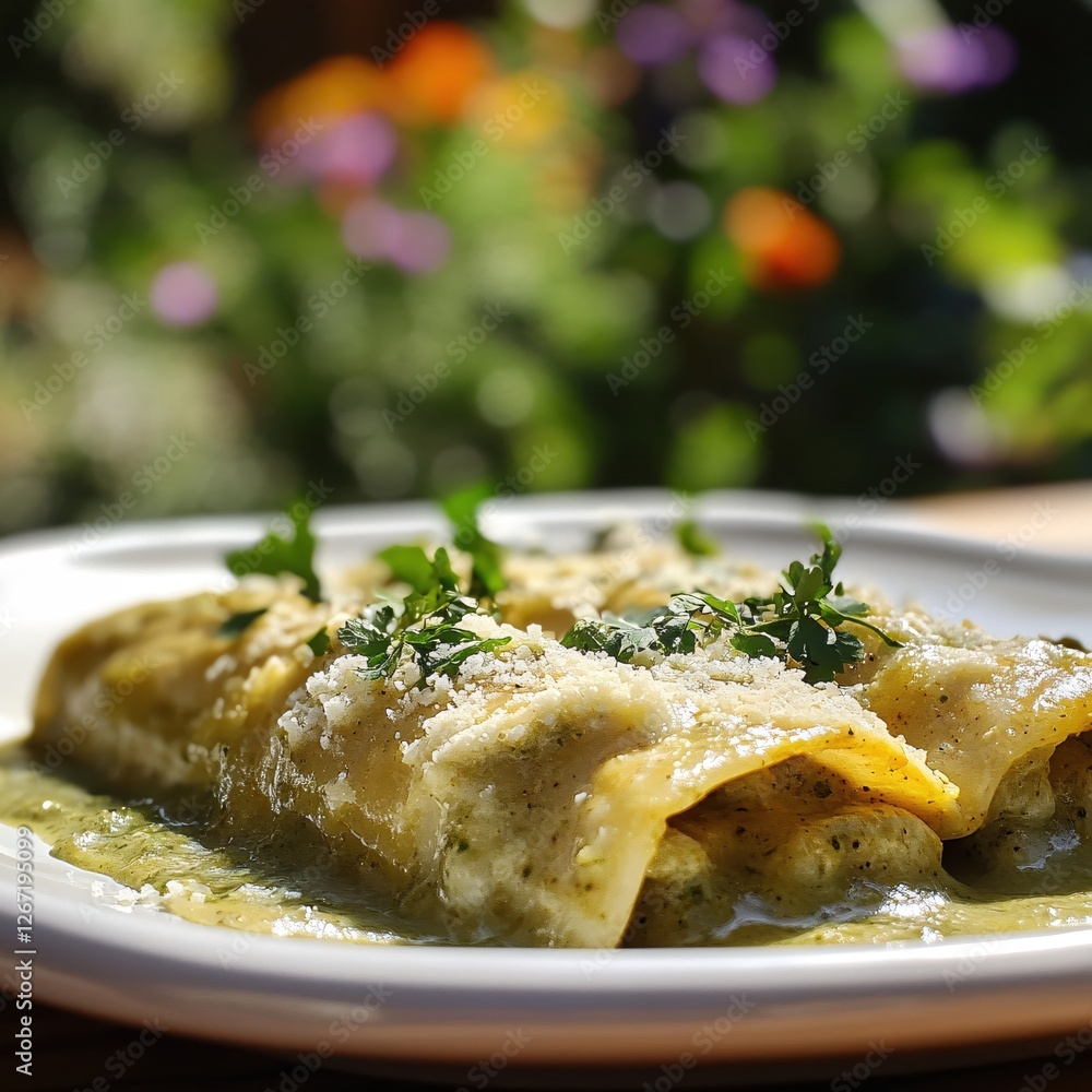 Delicious enchiladas verdes with fresh parsley and cheese on a white plate in bright sunlight Delicious enchiladas verdes with fresh parsley and cheese on a white plate in bright sunlight