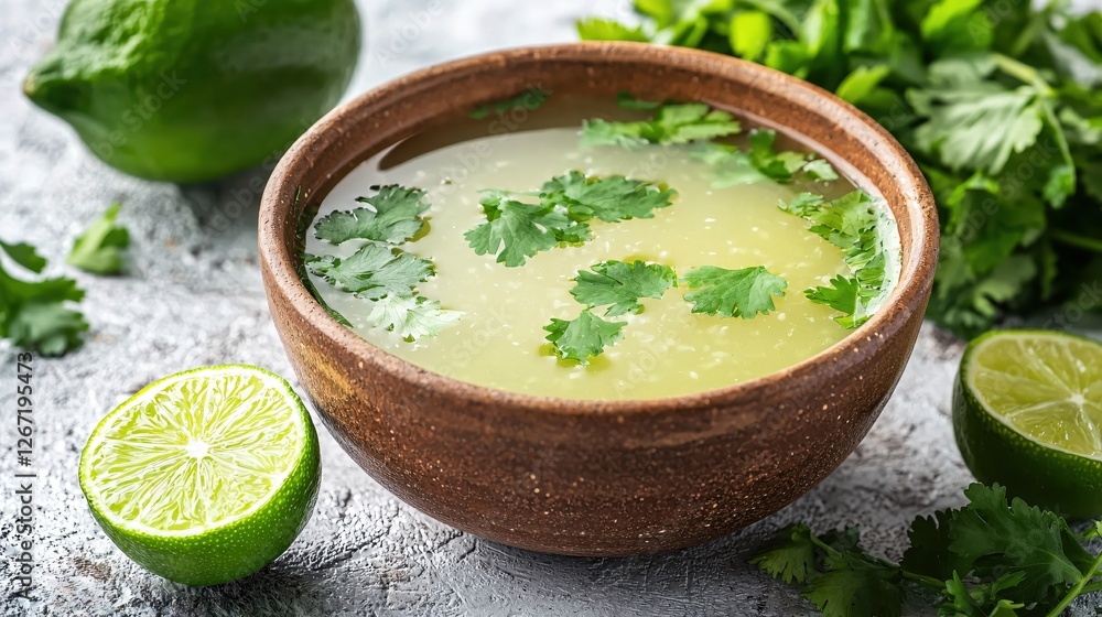 Refreshing lime broth with cilantro in rustic bowl offering a vibrant and healthy culinary experience Refreshing lime broth with cilantro in rustic bowl offering a vibrant and healthy culinary experience