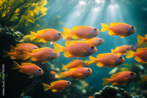 Golden School, A Swarm of Anthias in Submerged Paradise