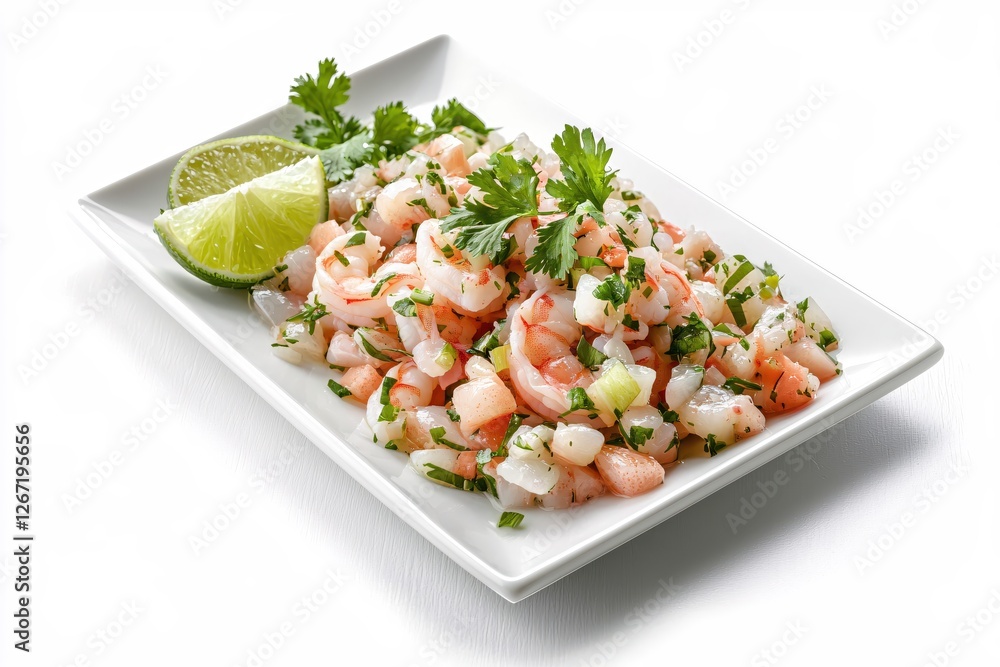 Fresh Shrimp Ceviche with Lime and Cilantro on White Plate Delicious Seafood Appetizer Fresh Shrimp Ceviche with Lime and Cilantro on White Plate Delicious Seafood Appetizer