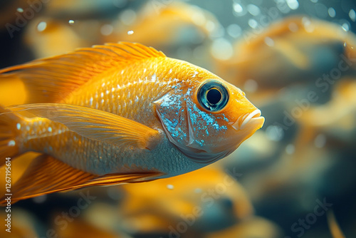 Glimmering Aquatic Life, A Golden Fish in Crystal Waterscape