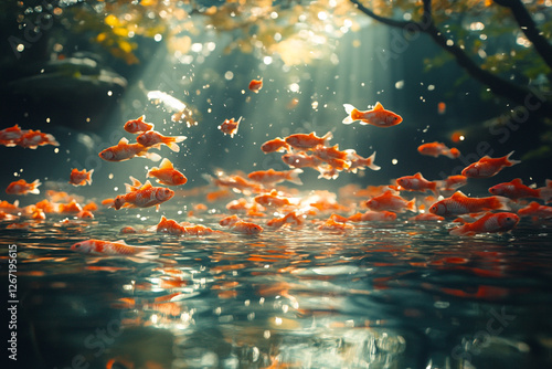 Golden Glade, A Serene Underwater Dance of Goldfish in Sunlit Waters