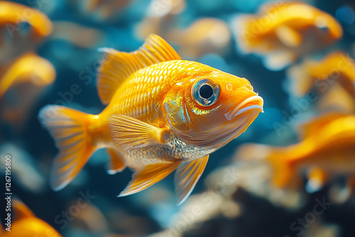 A School of Glistening Goldfish Drifting Through An Azure Serenity